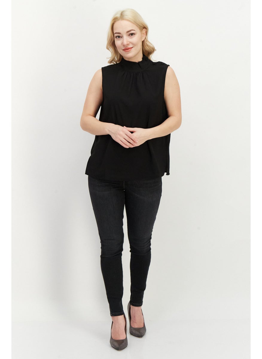Women Mock Neck Sleeveless Plain Top, Black