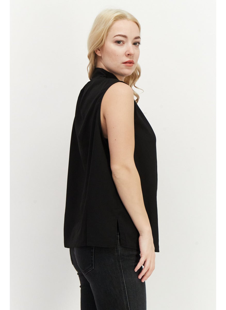 Women Mock Neck Sleeveless Plain Top, Black