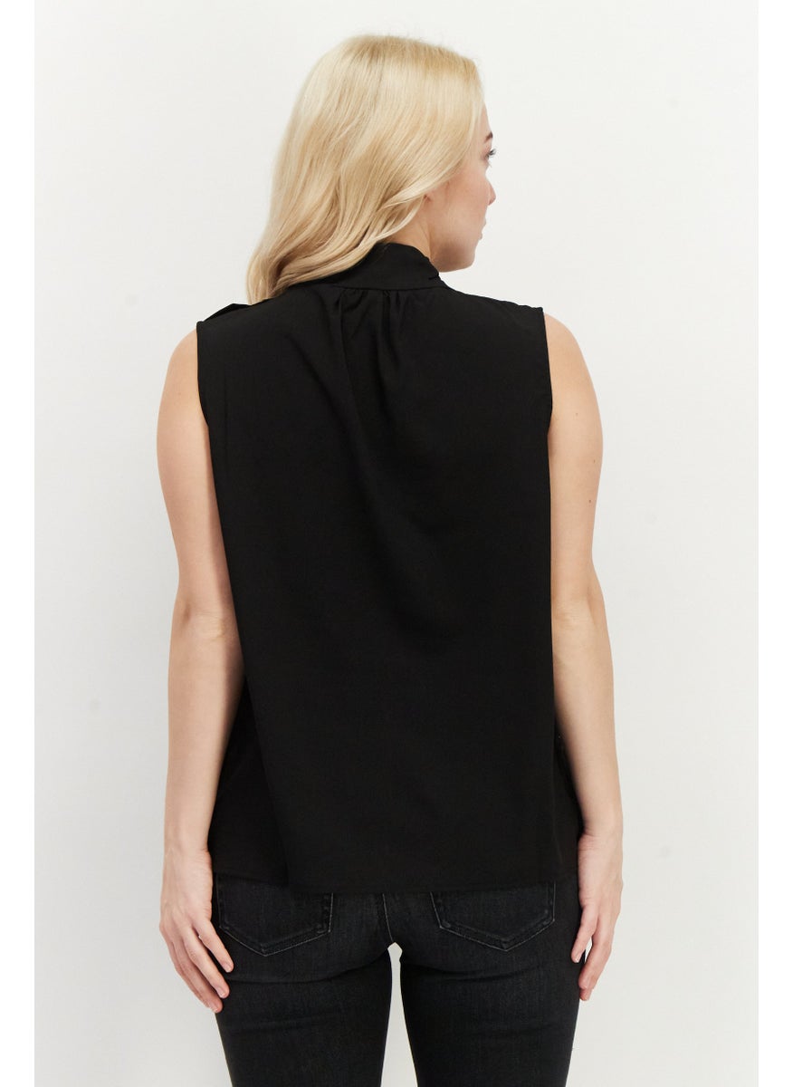Women Mock Neck Sleeveless Plain Top, Black