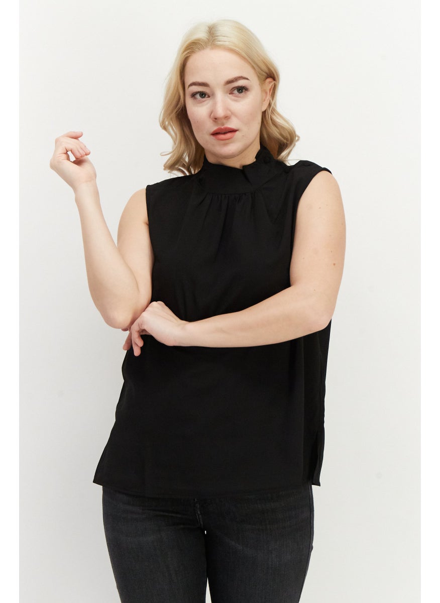 Women Mock Neck Sleeveless Plain Top, Black