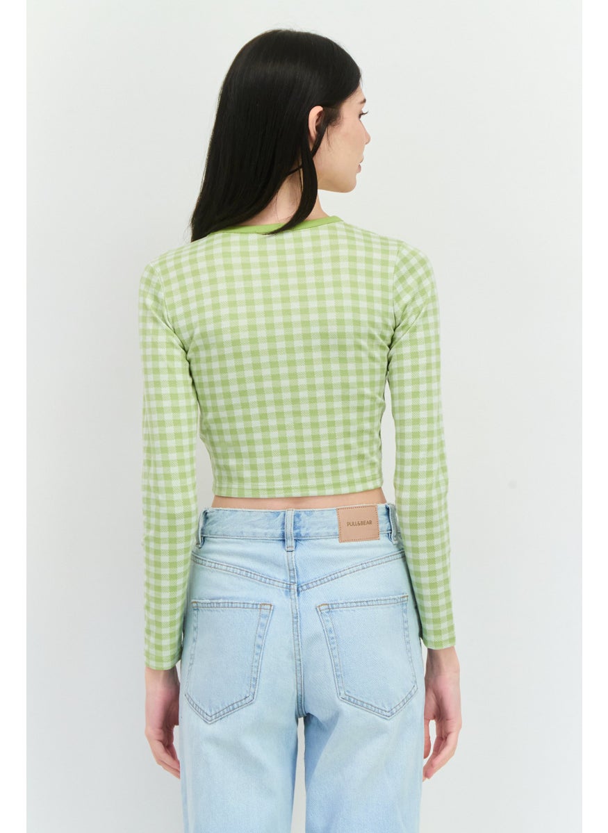Women Round Neck Long Sleeves Gingham Pattern Blouse, Lime