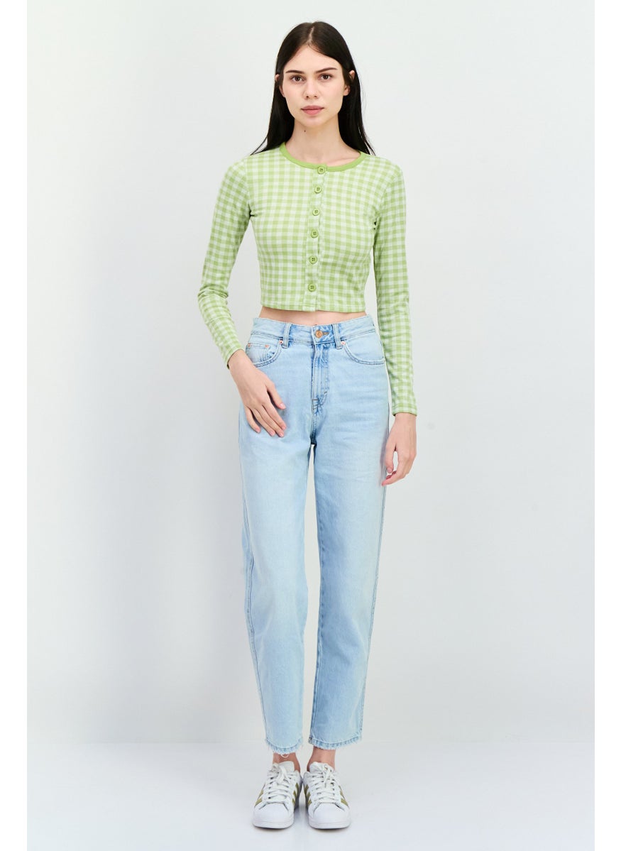 Women Round Neck Long Sleeves Gingham Pattern Blouse, Lime