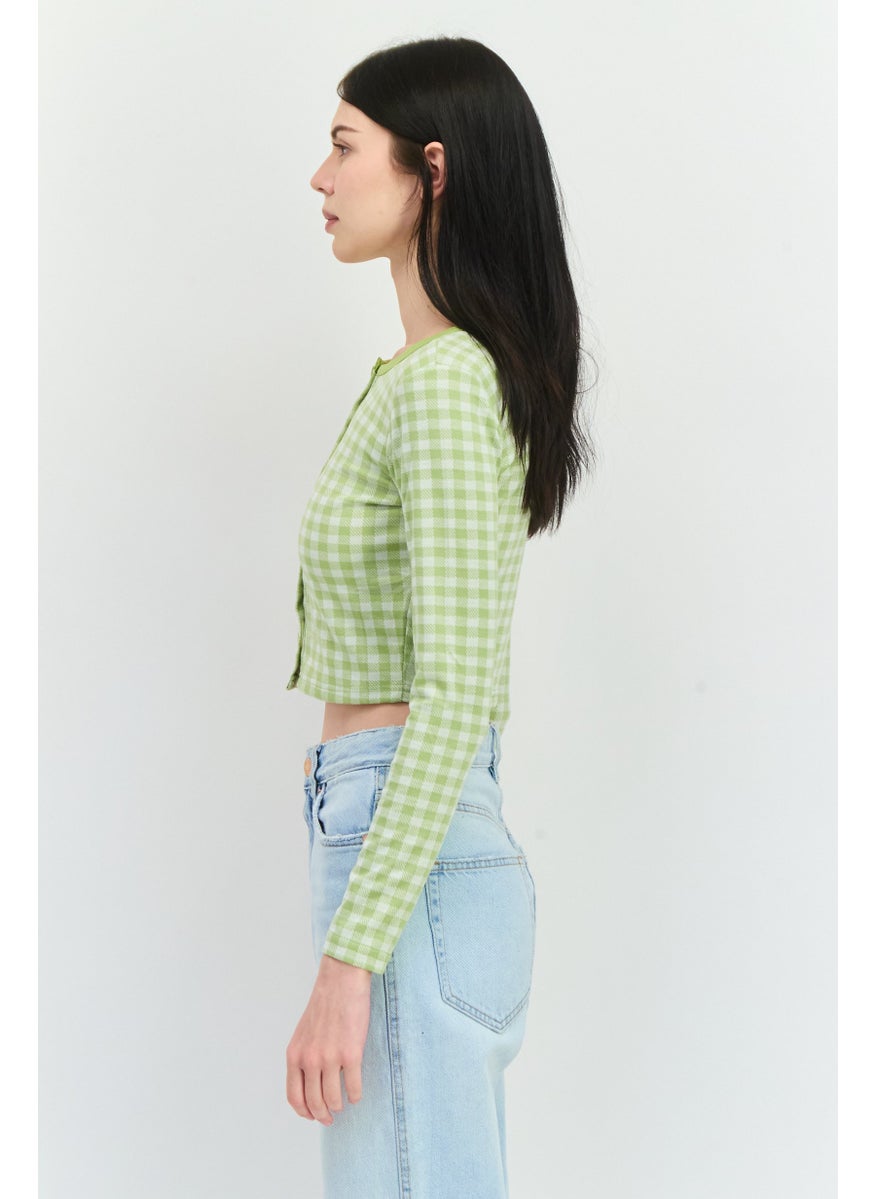 Women Round Neck Long Sleeves Gingham Pattern Blouse, Lime