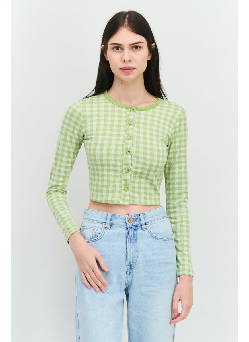 Women Round Neck Long Sleeves Gingham Pattern Blouse, Lime