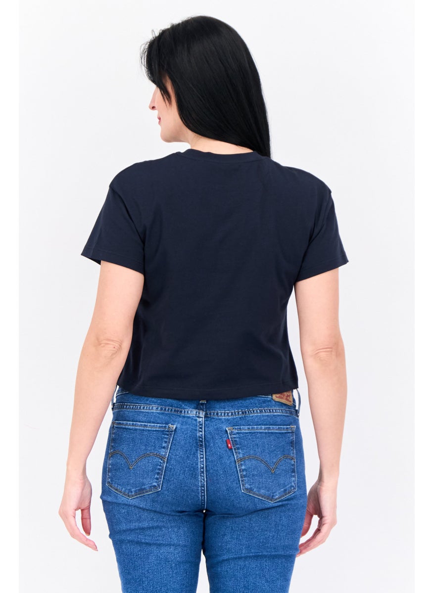 Women Crew Neck Short Sleeves Embroidered Logo Cropped Top, Navy