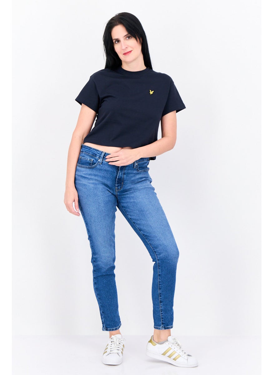 Women Crew Neck Short Sleeves Embroidered Logo Cropped Top, Navy
