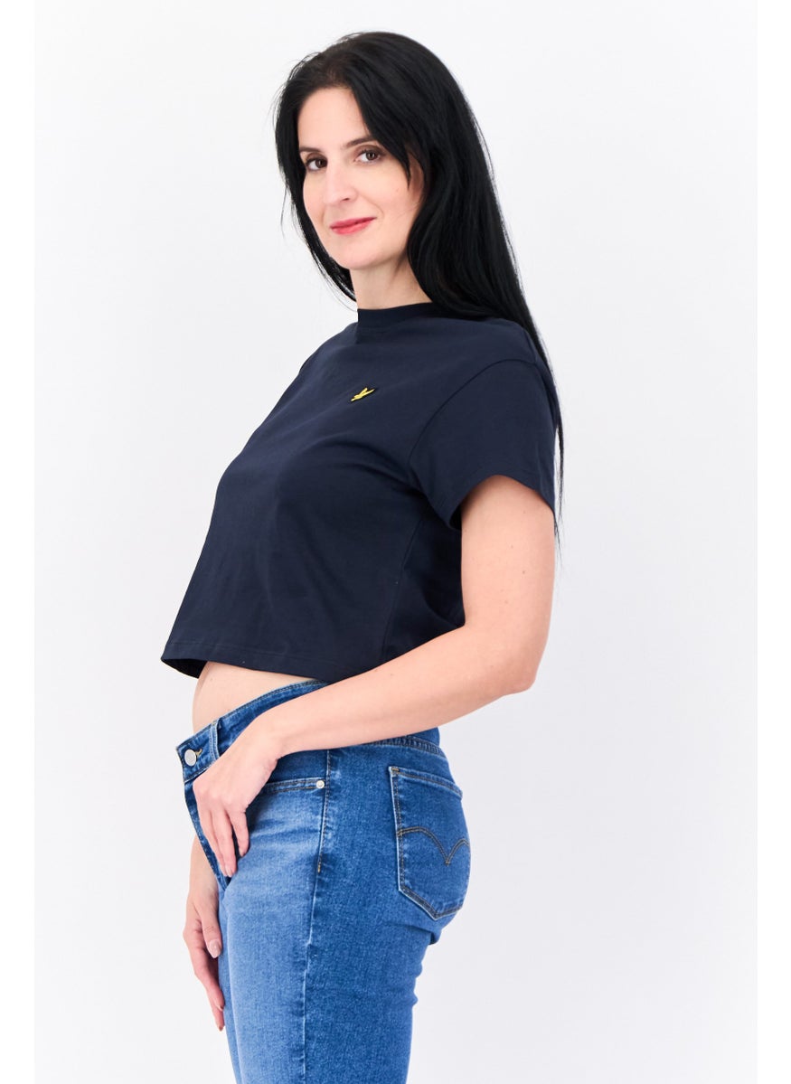Women Crew Neck Short Sleeves Embroidered Logo Cropped Top, Navy