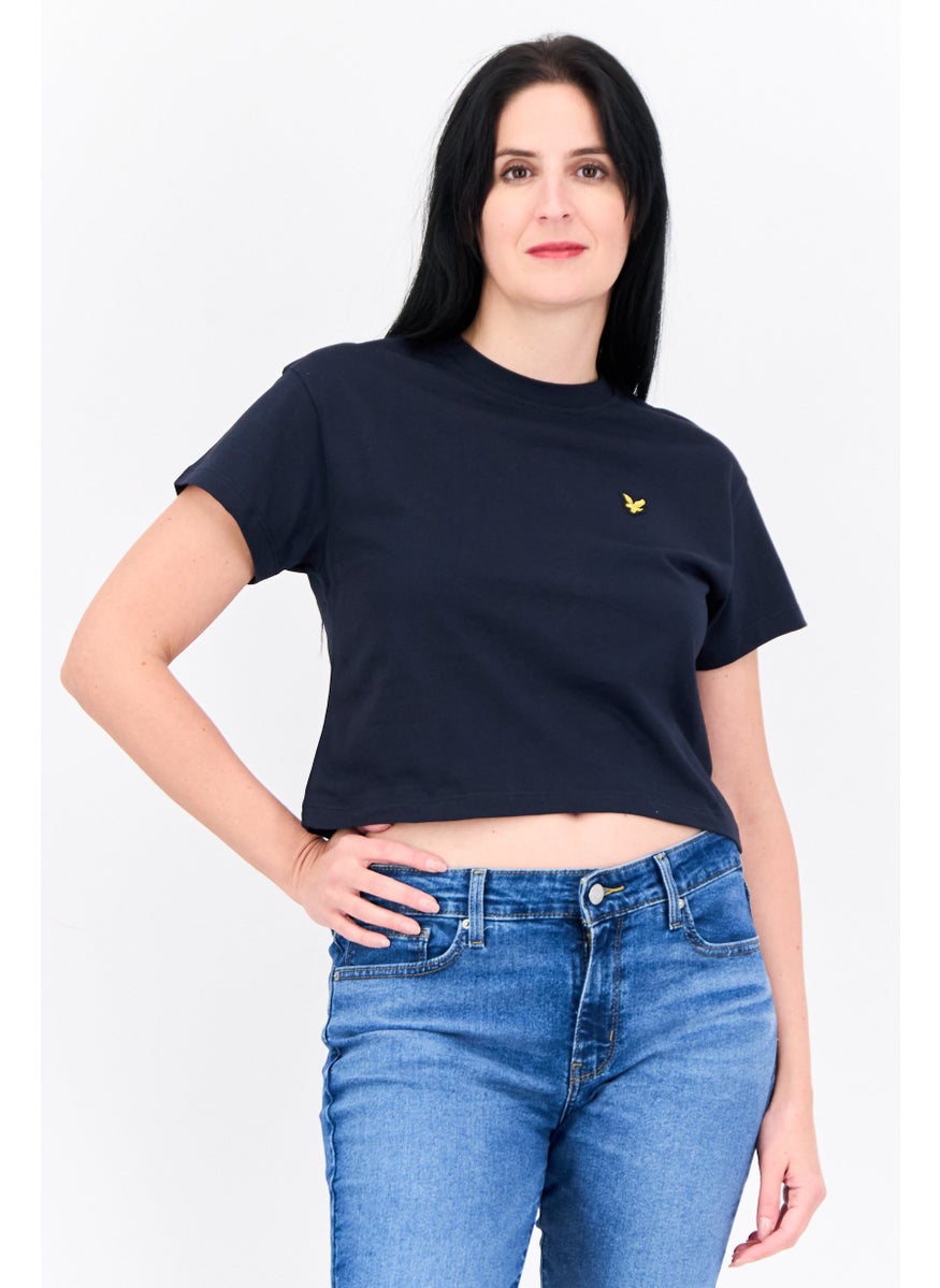 Women Crew Neck Short Sleeves Embroidered Logo Cropped Top, Navy
