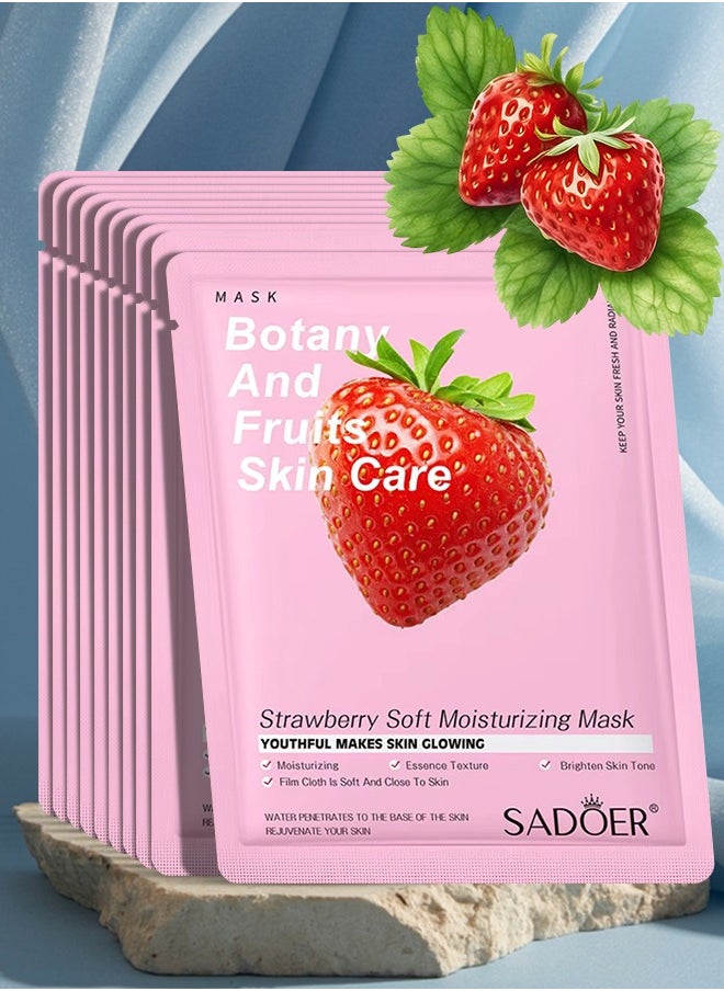 10 Pcs Strawberry Soft Moisturizing Mask Set Botany and Fruits Skin Care Sheet Facial Mask Hydrating Nourishing Skin Tone Soft Texture Face Mask Sheet for Women and Men Skincare Youthful Skin Glowing Masks
