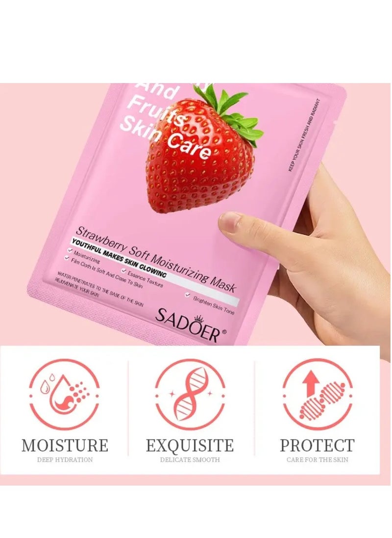 10 Pcs Strawberry Soft Moisturizing Mask Set Botany and Fruits Skin Care Sheet Facial Mask Hydrating Nourishing Skin Tone Soft Texture Face Mask Sheet for Women and Men Skincare Youthful Skin Glowing Masks