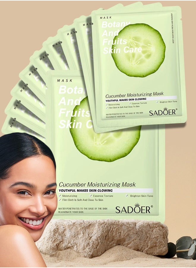 10 Pcs Cucumber Moisturizing Mask Set Botany and Fruits Skin Care Sheet Facial Mask Hydrating Nourishing Skin Tone Soft Texture Face Mask Sheet for Women and Men Skincare Youthful Skin Glowing Masks