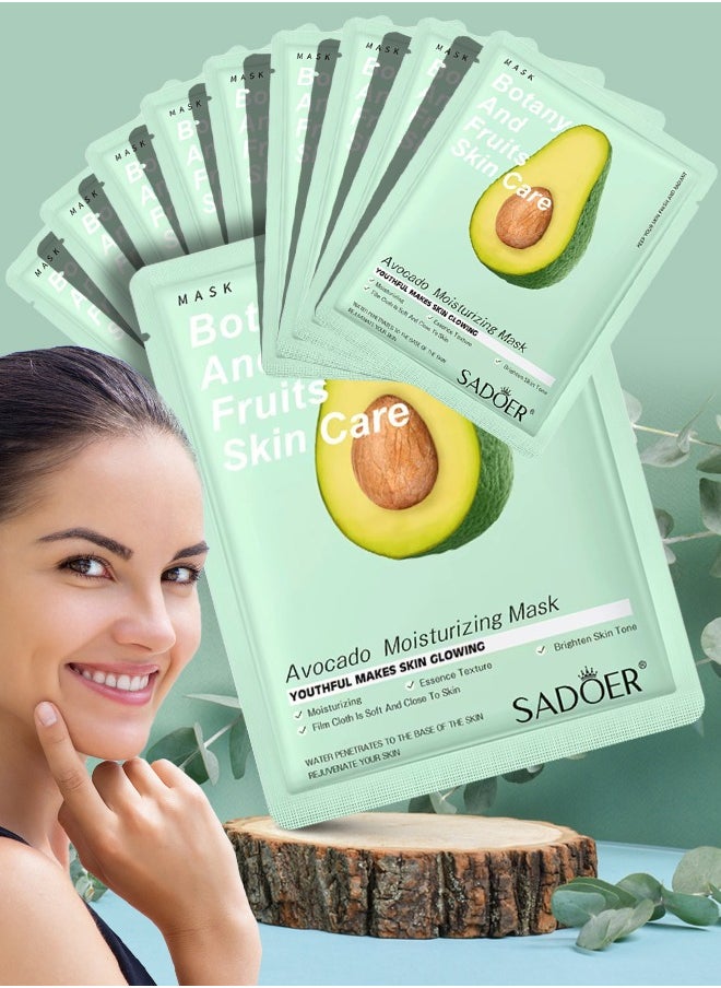 10 Pcs Avocado Moisturizing Mask Set  Botany and Fruits Skin Care Sheet Facial Mask Hydrating Nourishing Skin Tone Soft Texture Face Mask Sheet for Women and Men Skincare Youthful Skin Glowing Masks