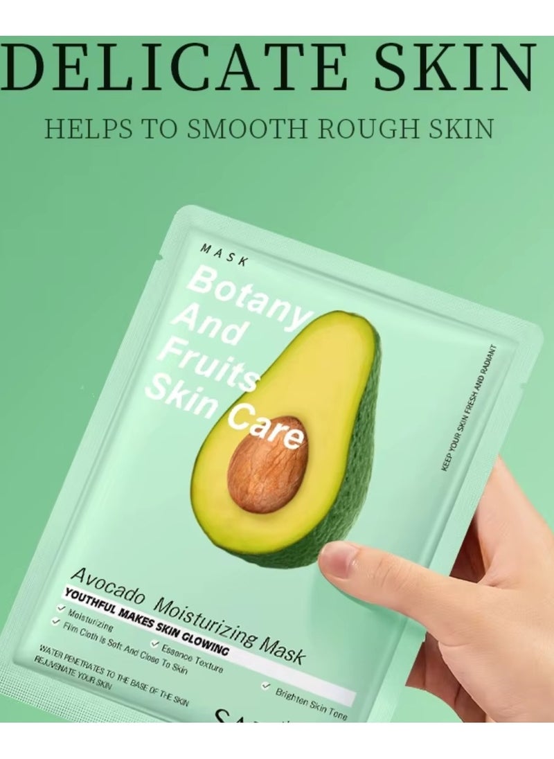 10 Pcs Avocado Moisturizing Mask Set  Botany and Fruits Skin Care Sheet Facial Mask Hydrating Nourishing Skin Tone Soft Texture Face Mask Sheet for Women and Men Skincare Youthful Skin Glowing Masks
