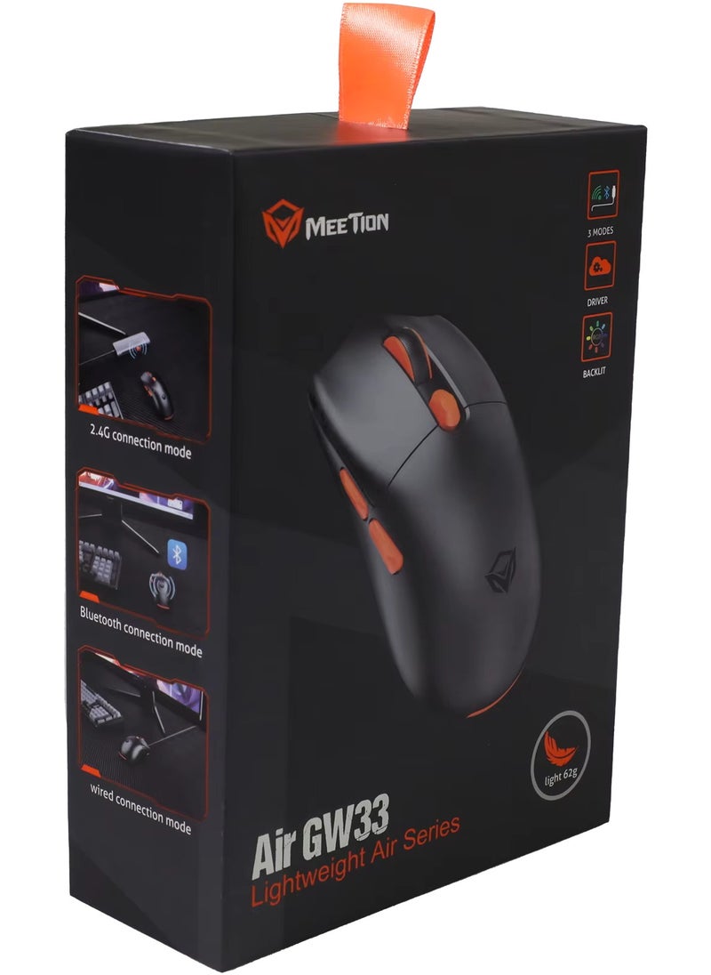 Meetion GW33 Lightweight 1K Wireless/Bluetooth/Wired Gaming Mouse 6 Programmable Button Rechargeable 10000DPI Optical Sensor Mouse (Black)