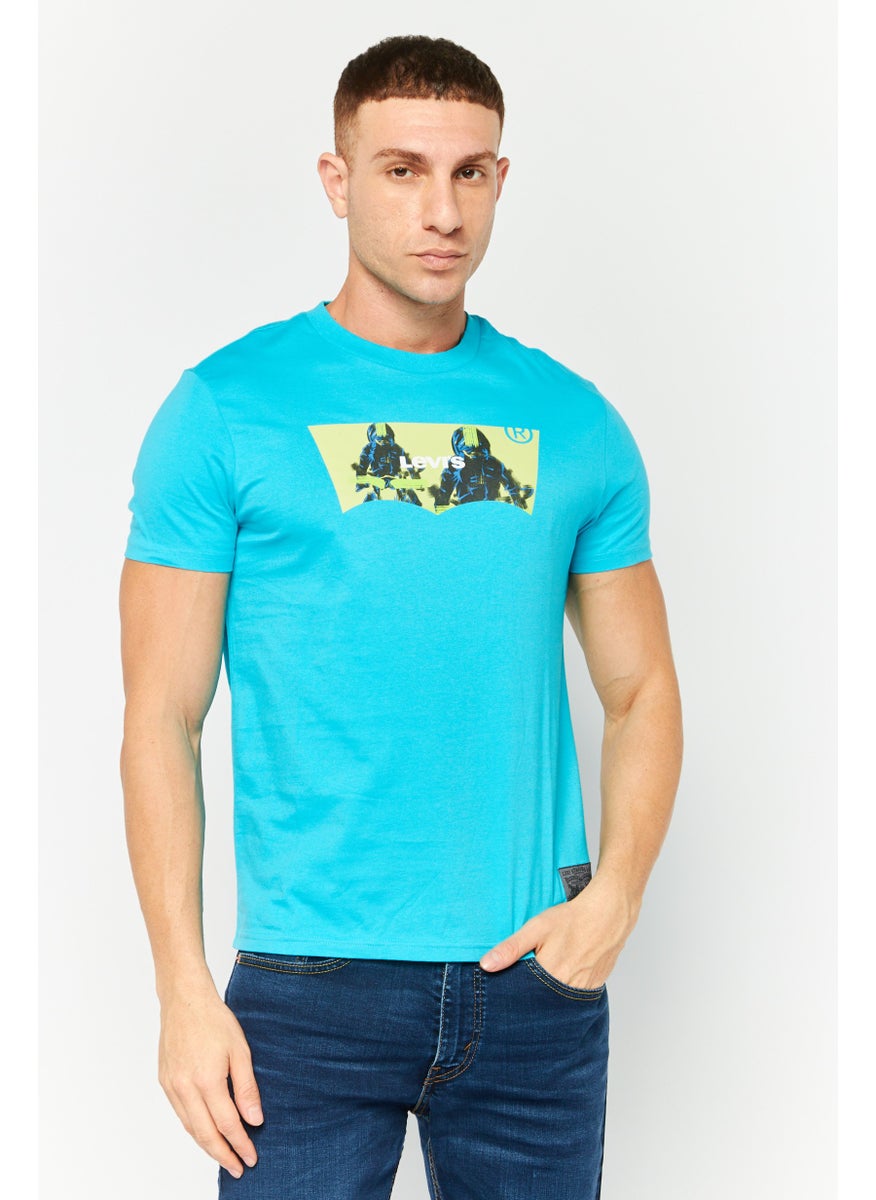 Men Crew Neck Short Sleeves Graphic Print T-Shirt, Turquoise