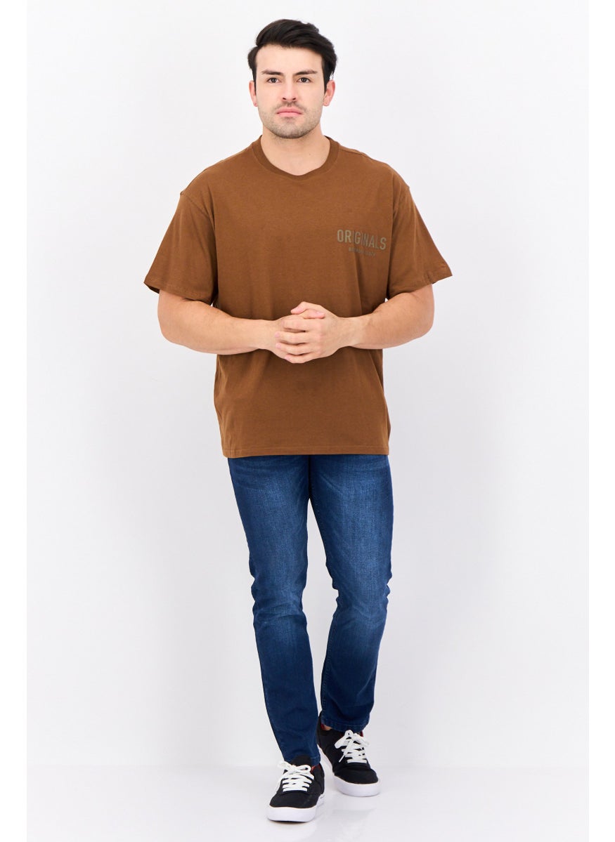 Men Crew Neck Short Sleeve Brand Logo T-Shirts, Brown