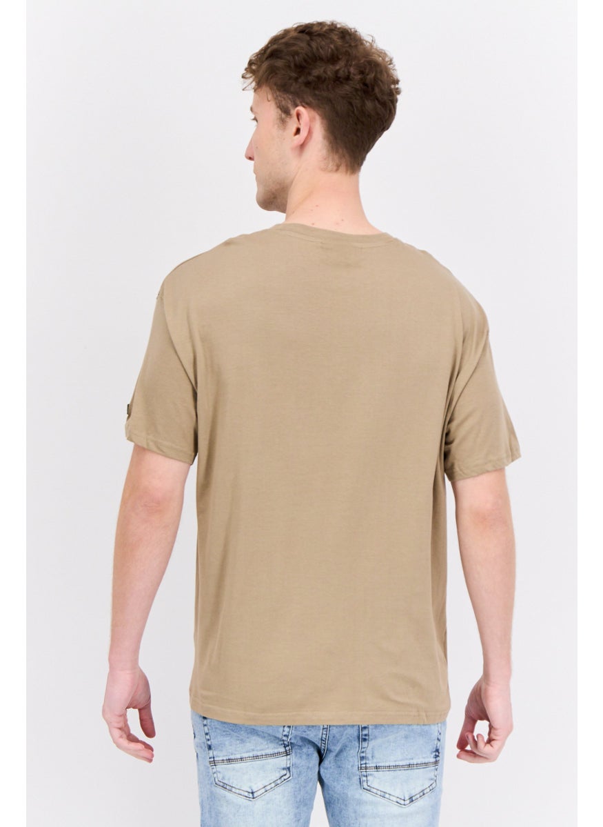 Men Crew Neck Short Sleeve Brand Logo T-Shirt, Tan