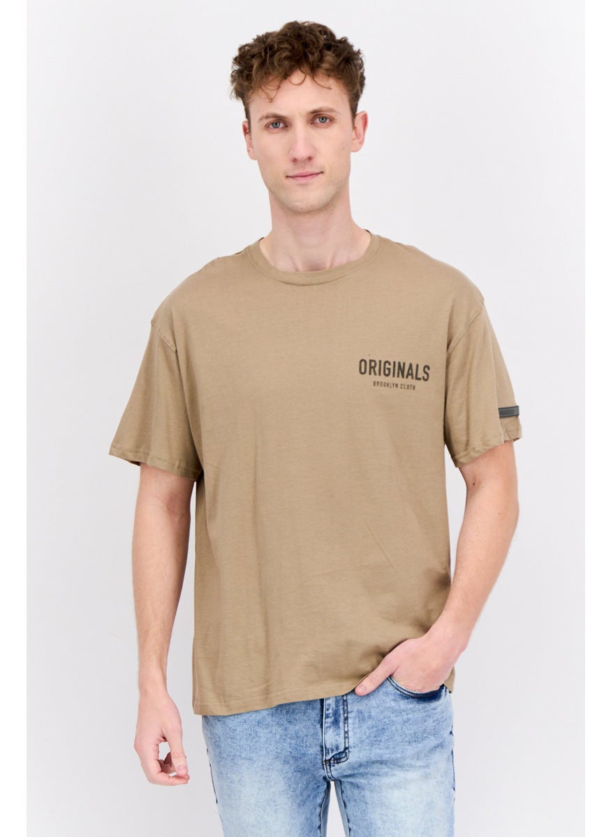 Men Crew Neck Short Sleeve Brand Logo T-Shirt, Tan