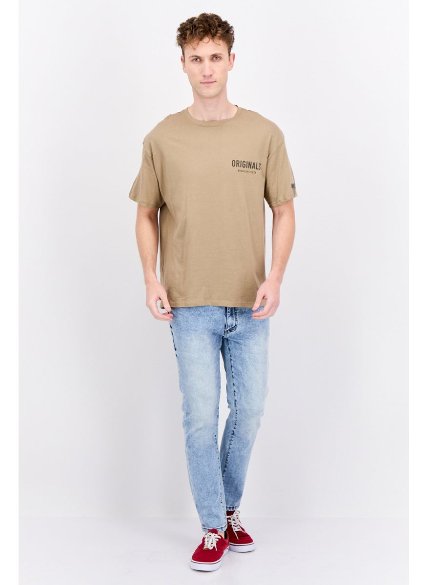 Men Crew Neck Short Sleeve Brand Logo T-Shirt, Tan