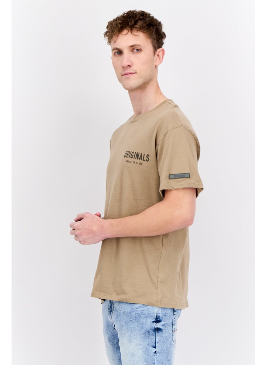 Men Crew Neck Short Sleeve Brand Logo T-Shirt, Tan