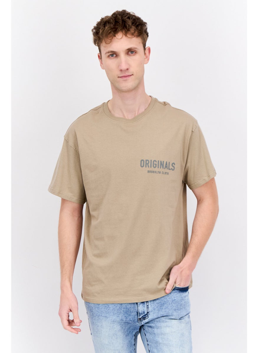 Men Crew Neck Short Sleeve Brand Logo T-Shirts, Tan