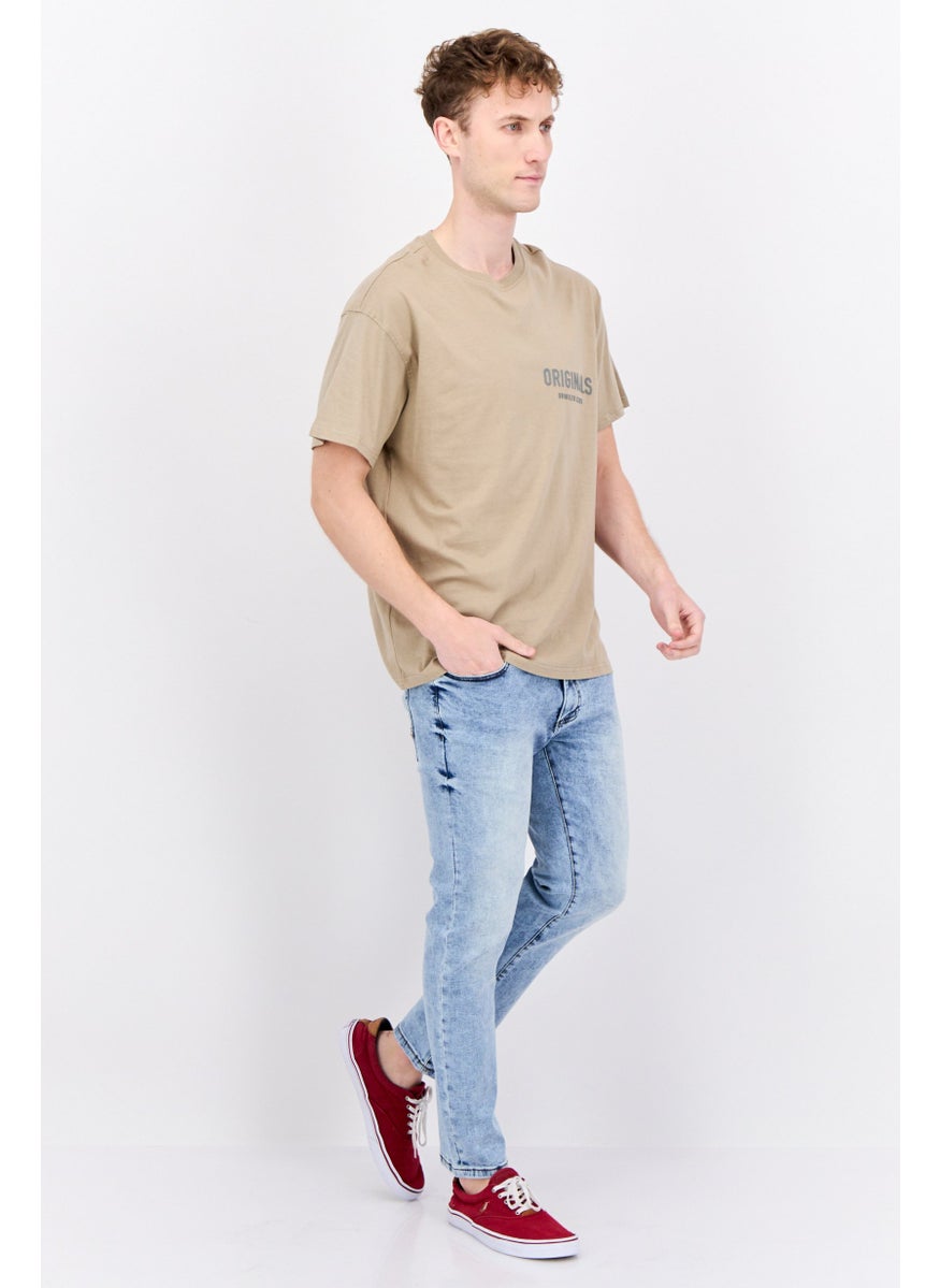 Men Crew Neck Short Sleeve Brand Logo T-Shirts, Tan