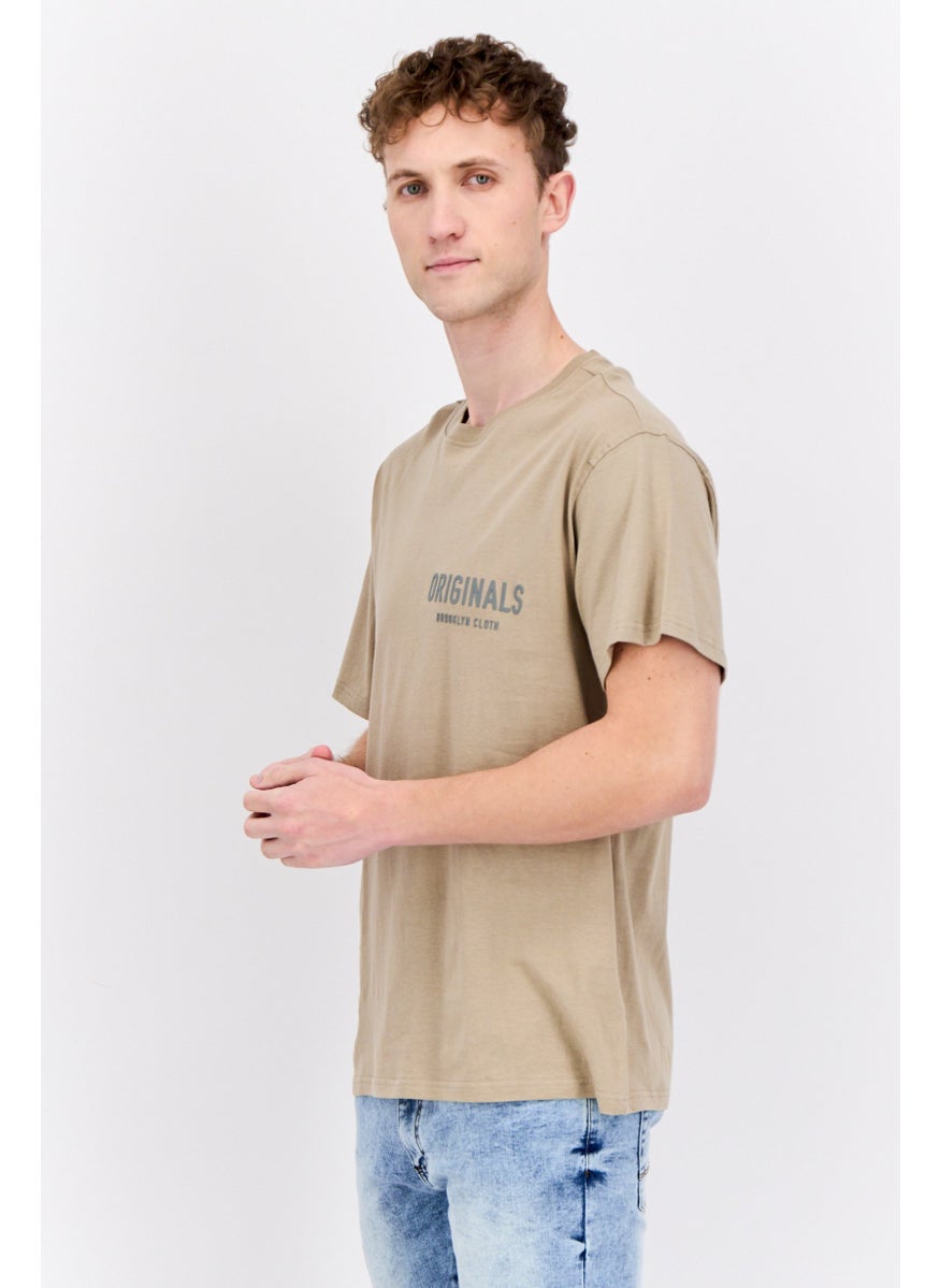 Men Crew Neck Short Sleeve Brand Logo T-Shirts, Tan
