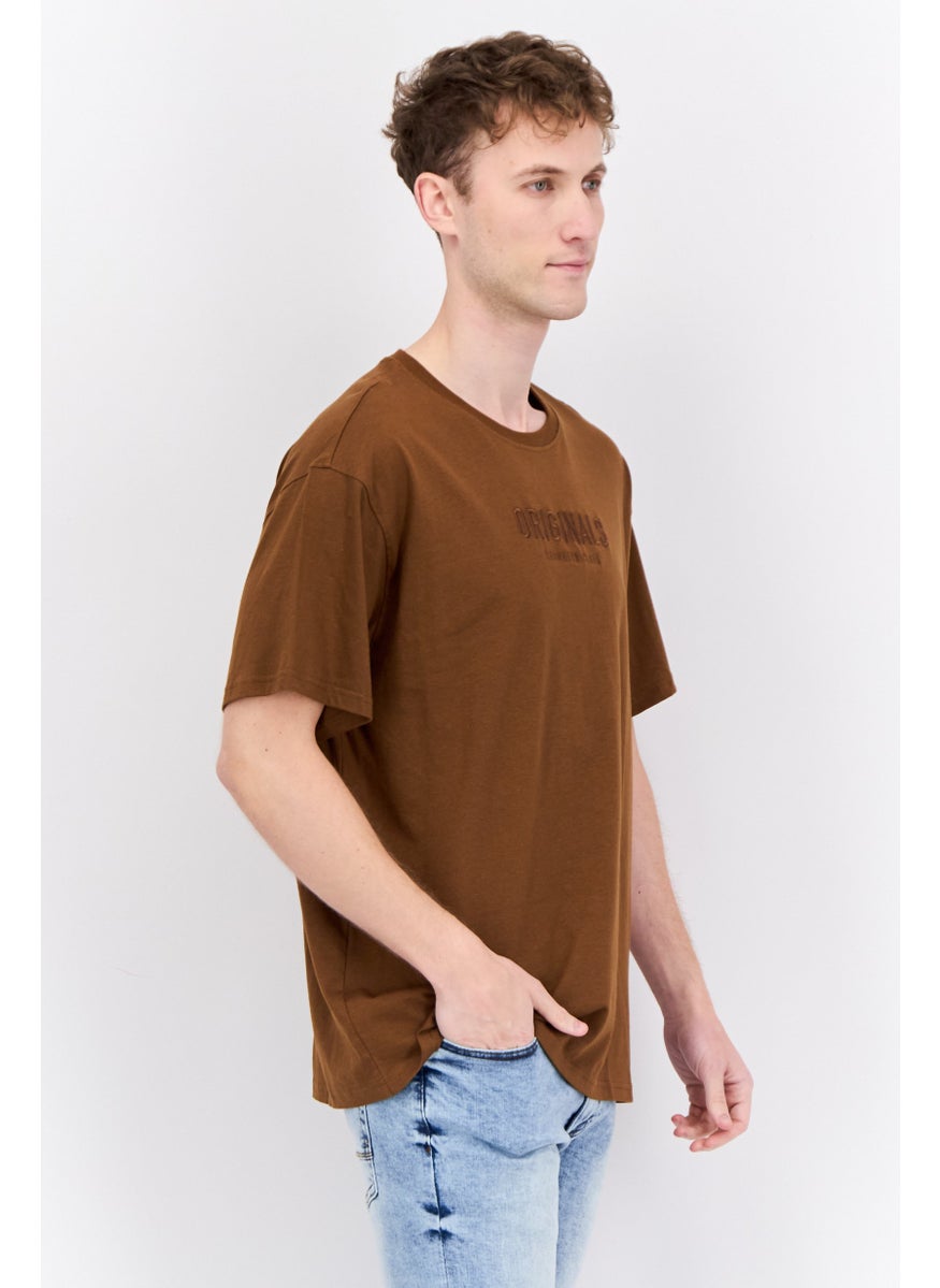 Men Crew Neck Short Sleeve  Embroidered Logo T-Shirt, Brown