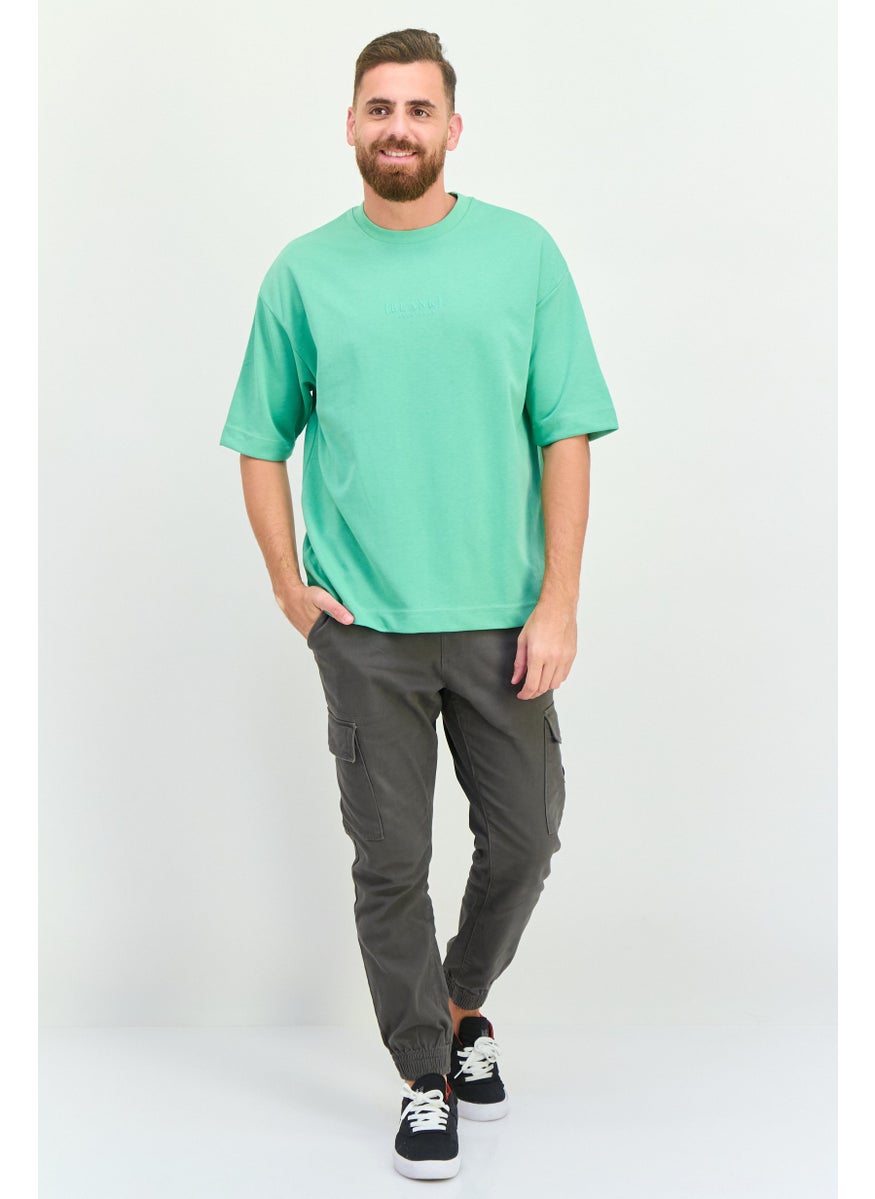 Men Crew Neck Short Sleeve Brand Logo T Shirt, Light Green
