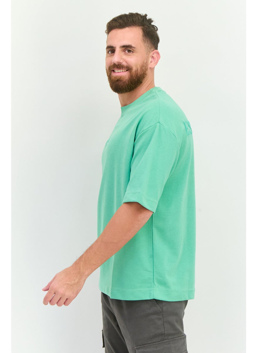 Men Crew Neck Short Sleeve Brand Logo T Shirt, Light Green
