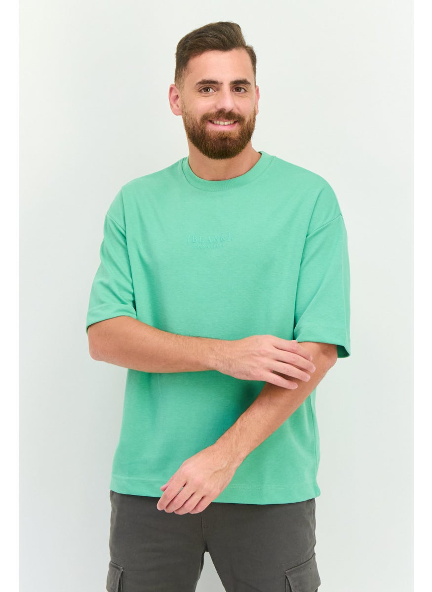 Men Crew Neck Short Sleeve Brand Logo T Shirt, Light Green