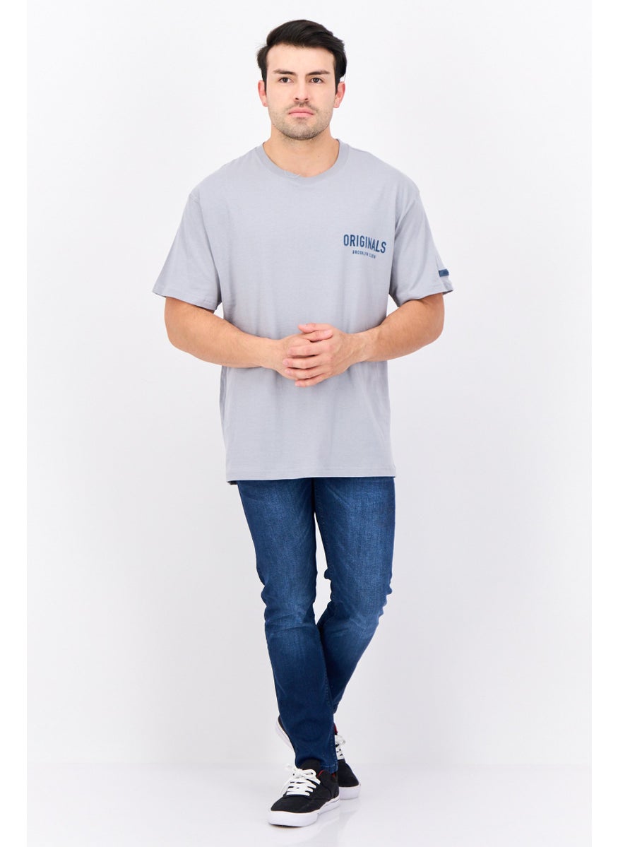 Men Round Neck Short Sleeves Brand Logo T-Shirt, Grey