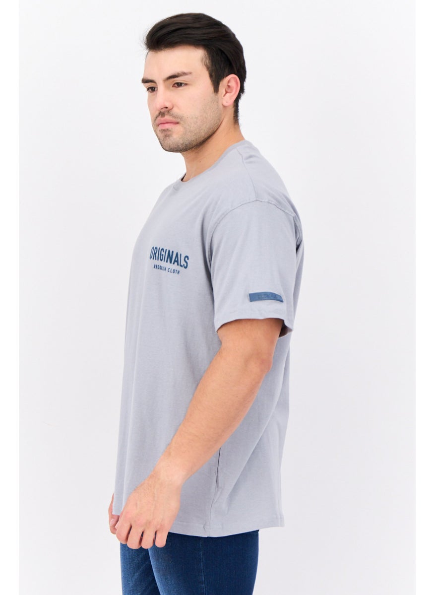 Men Round Neck Short Sleeves Brand Logo T-Shirt, Grey