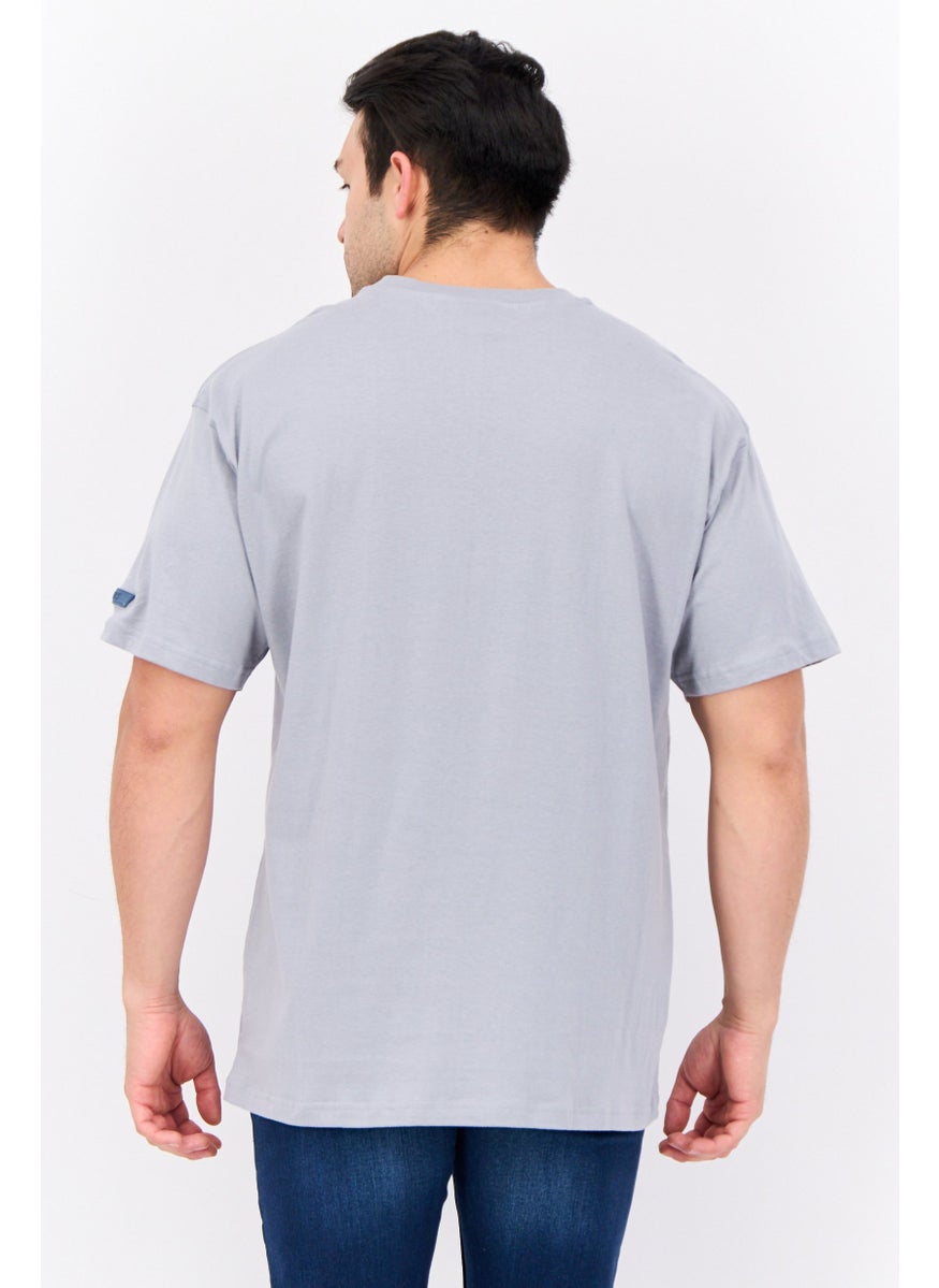 Men Round Neck Short Sleeves Brand Logo T-Shirt, Grey