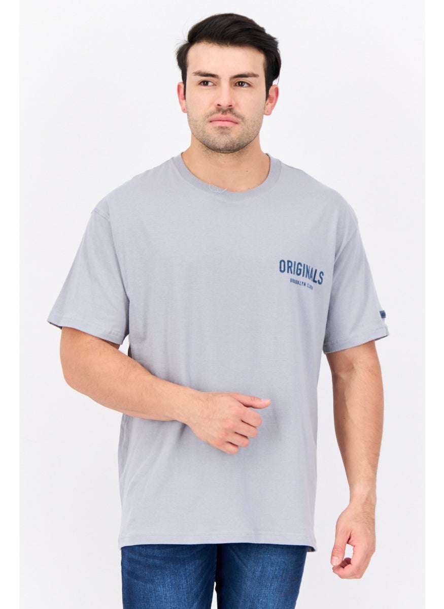 Men Round Neck Short Sleeves Brand Logo T-Shirt, Grey