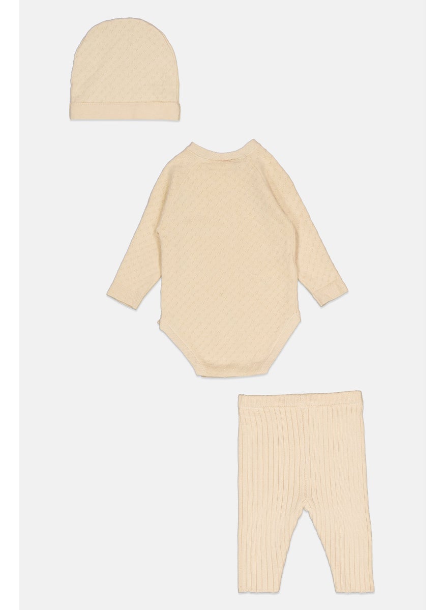 Toddlers Boy 3 Pieces Knitted Bodysuit And Pants With Cap Set, Cream