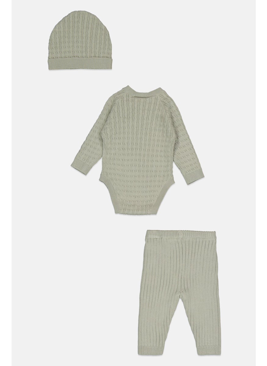 Toddlers Boy 3 Pieces Knitted Bodysuit And Pants With Cap Set, Sage Green