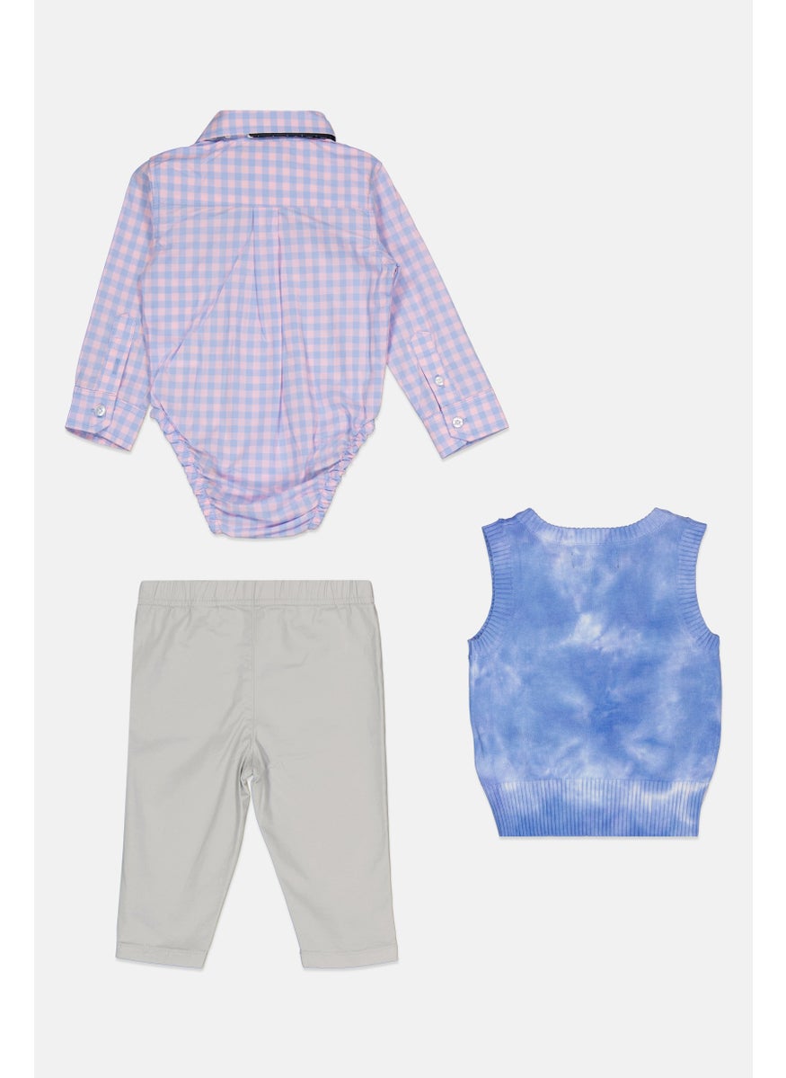 Toddlers Boy 3 Piece Checkered Bodysuit And Pant With Sweater Vest Set, Blue