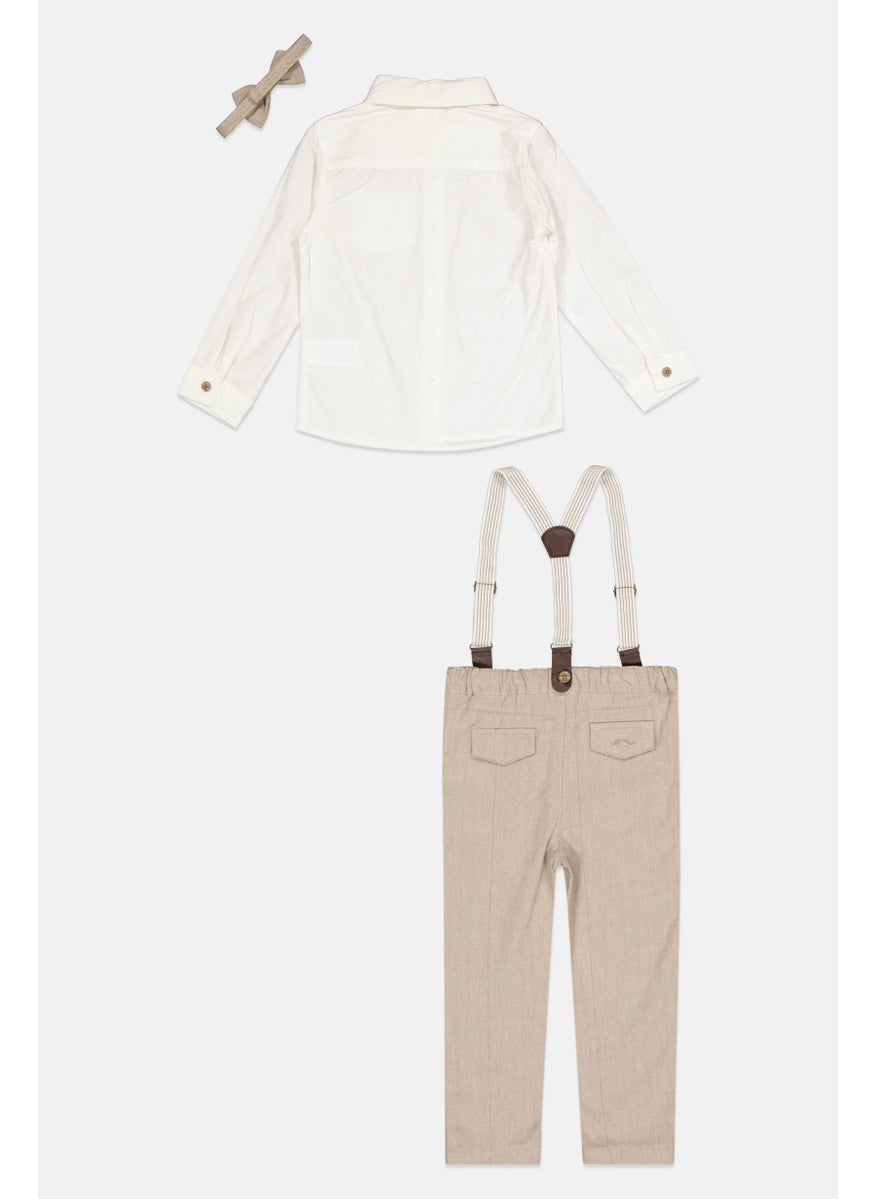 Toddlers Boy 4 Pieces Solid Pants, Shirt, Bow Tie And Detachable Suspender Belts, White