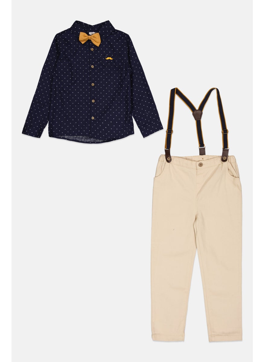 Toddlers Boy 3 Piece Solid Shirt And Trousers With Bowtie Set, Beige