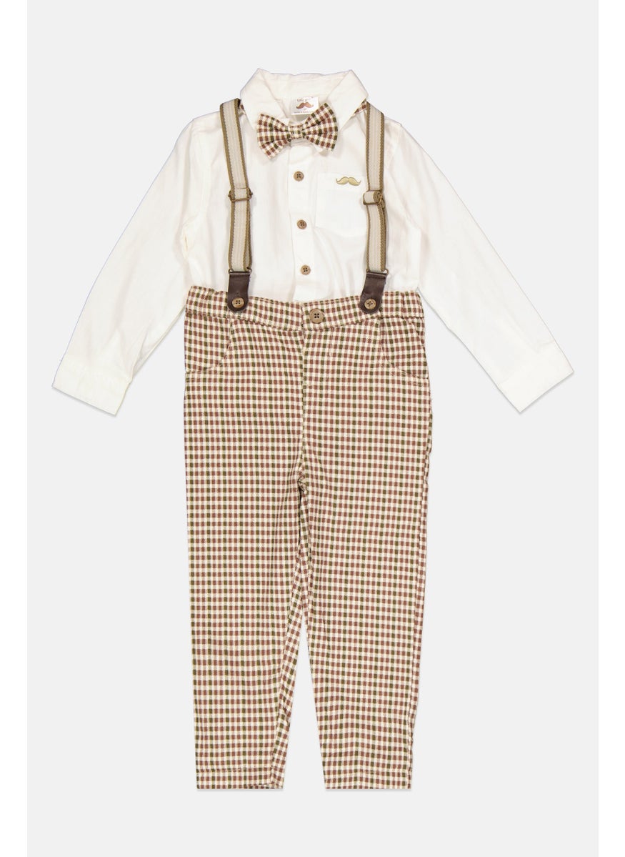 Toddlers Boy 4 Pieces Checkered Pants, Shirt, Bow Tie And Detachable Suspender Belts, White