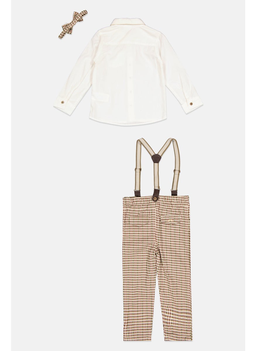Toddlers Boy 4 Pieces Checkered Pants, Shirt, Bow Tie And Detachable Suspender Belts, White