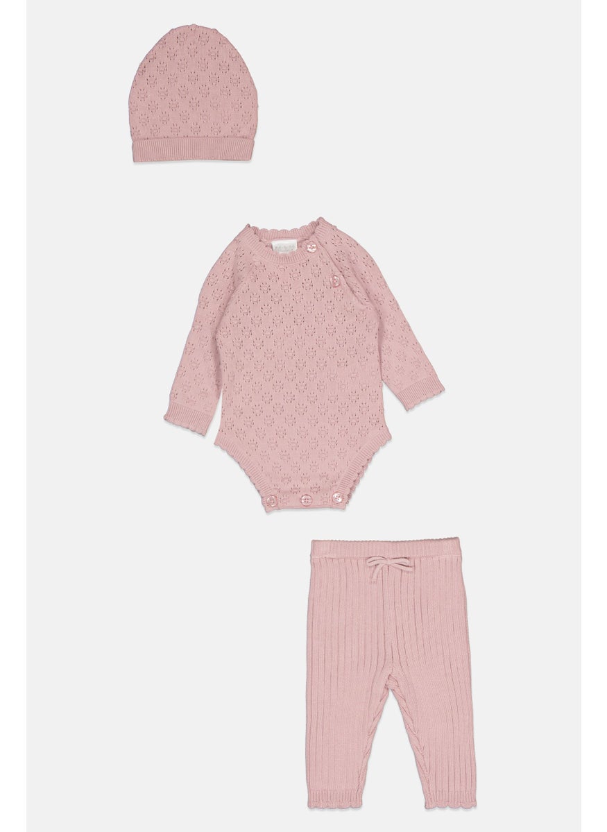 Toddlers Girl 3 Pieces Knitted Bodysuit And Tights With Cap Set, Rose Gold