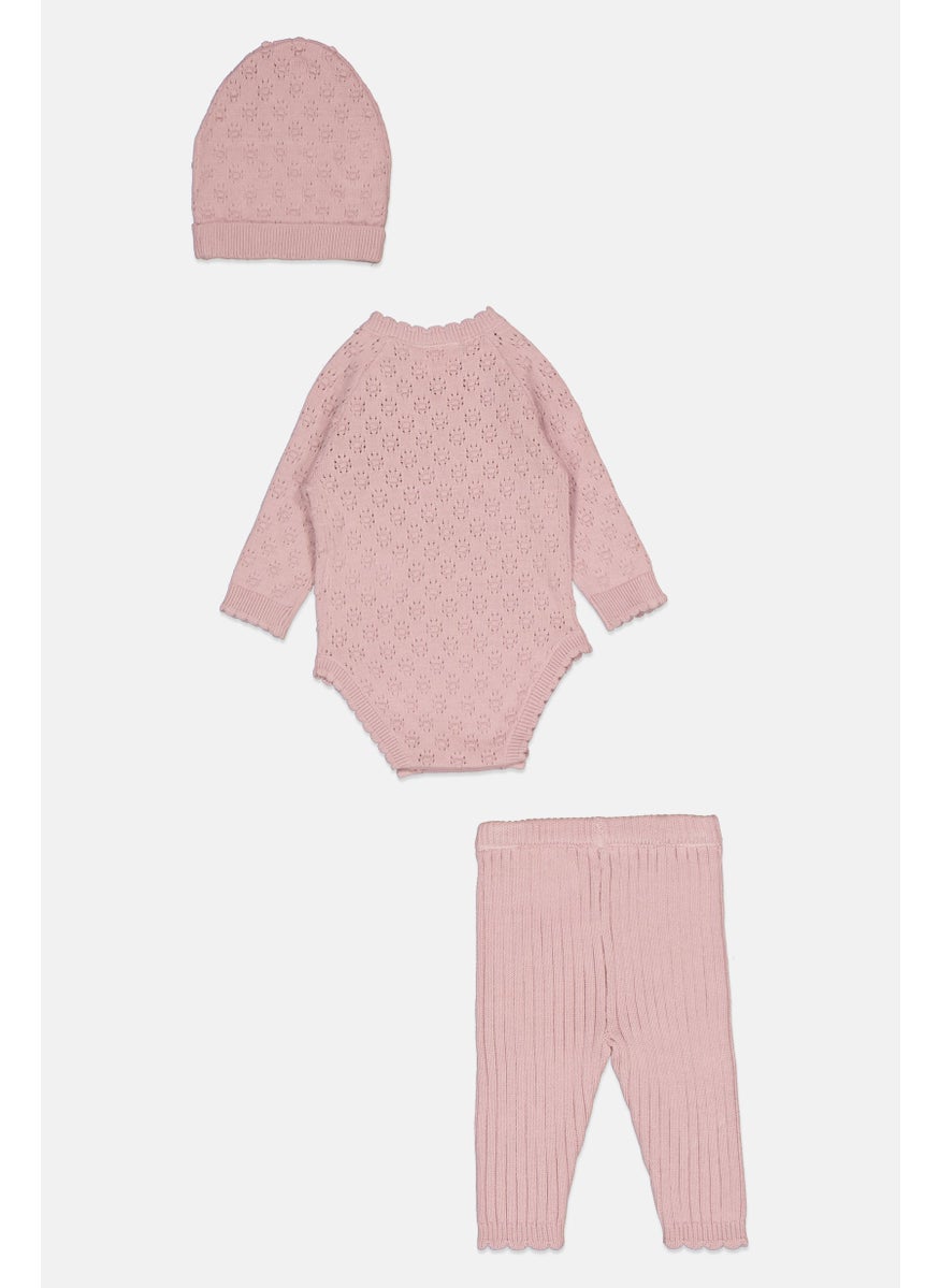 Toddlers Girl 3 Pieces Knitted Bodysuit And Tights With Cap Set, Rose Gold