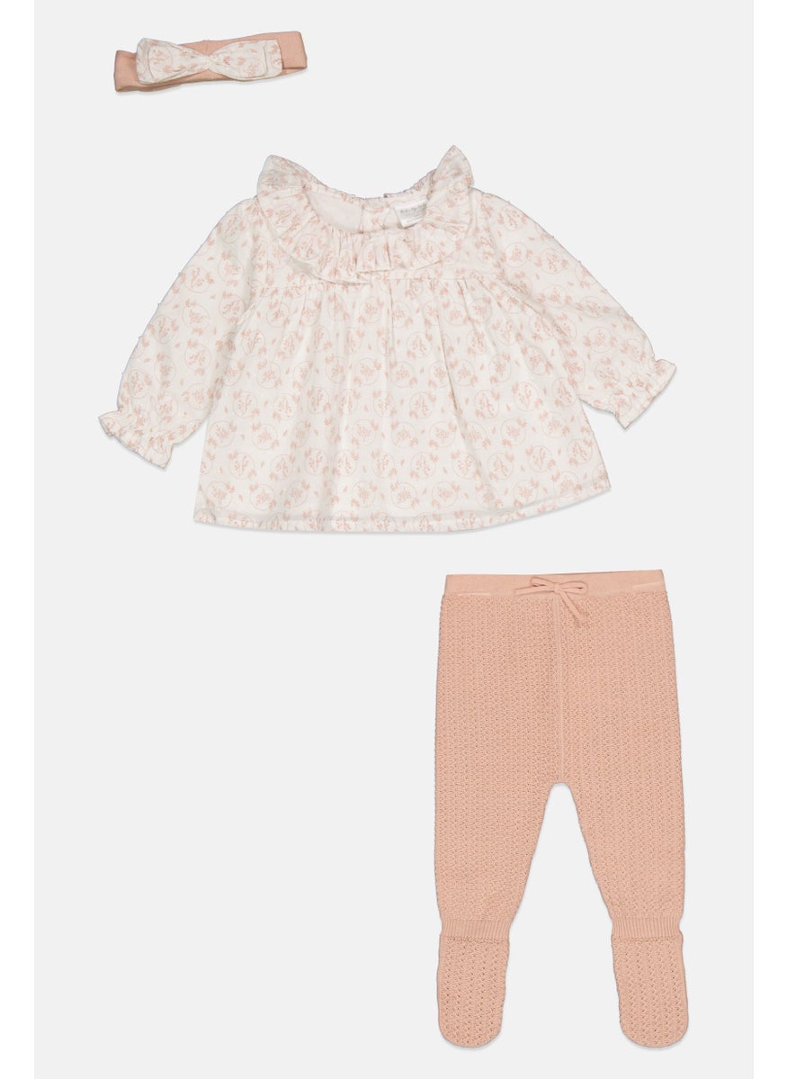 Toddlers Girl 3 Pieces Floral Print Top And Footed Tights With Headband Set, Rose Gold