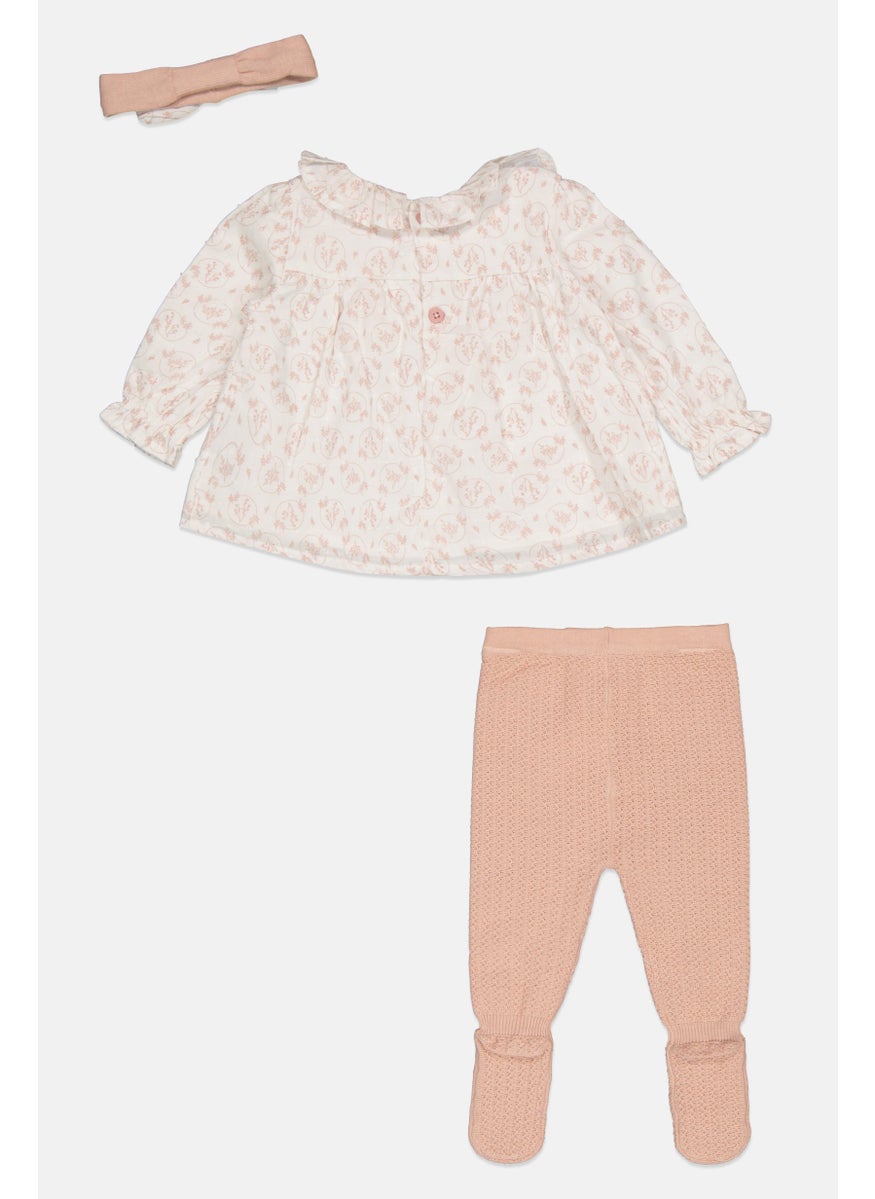 Toddlers Girl 3 Pieces Floral Print Top And Footed Tights With Headband Set, Rose Gold
