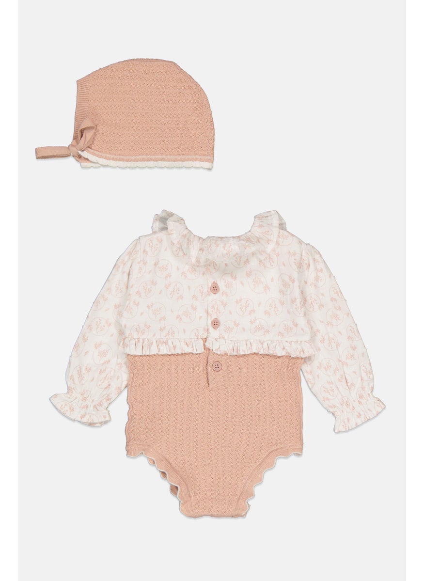 Toddlers Girl 2 Pieces Floral Print Bodysuit And Cap Set, Rose Gold