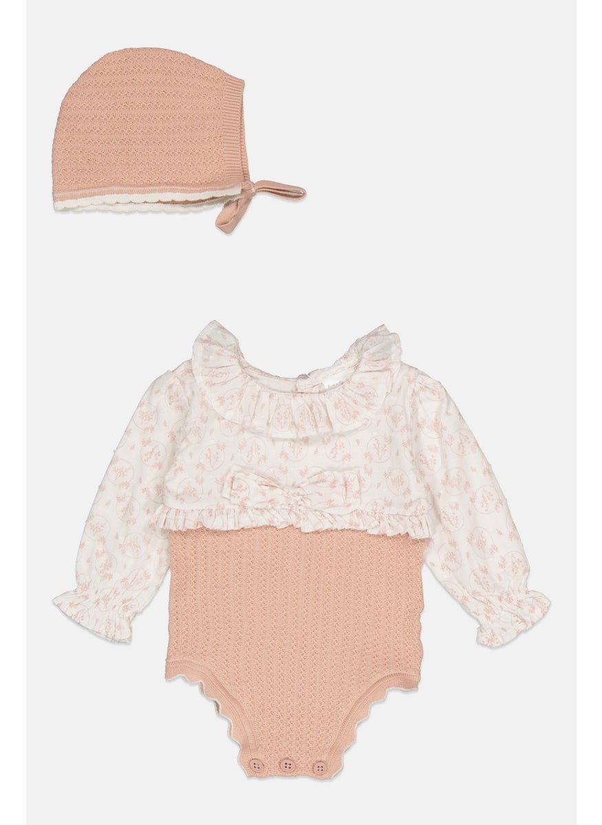 Toddlers Girl 2 Pieces Floral Print Bodysuit And Cap Set, Rose Gold
