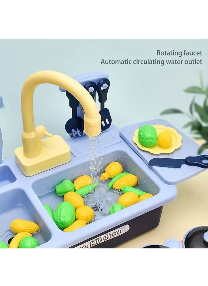 Pretend Play Kitchen Sink Toys with Play Cooking Stove, Pot and Pan with Spray Realistic Light and Sound, Dish Rack & Play Cutting Food, Utensils Tableware Accessories for Kids Toddlers (Blue)