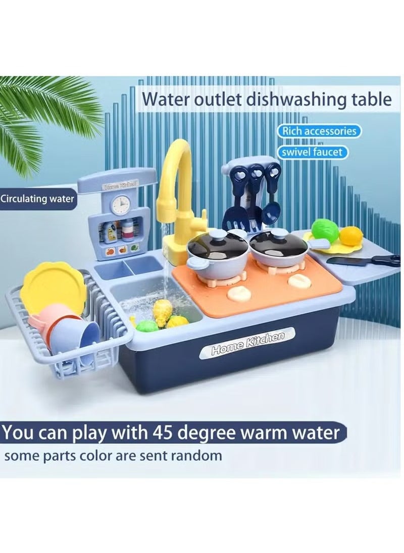 Pretend Play Kitchen Sink Toys with Play Cooking Stove, Pot and Pan with Spray Realistic Light and Sound, Dish Rack & Play Cutting Food, Utensils Tableware Accessories for Kids Toddlers (Blue)